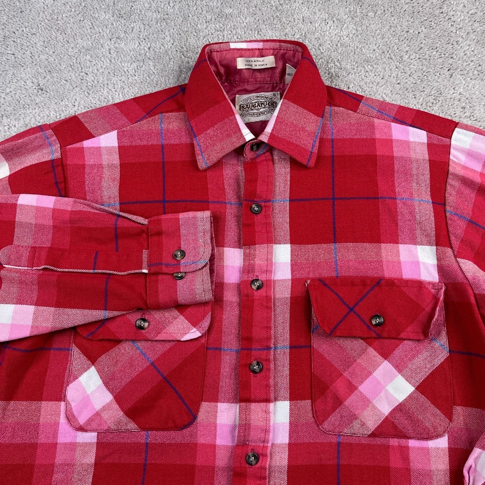 VINTAGE‎ Saugatuck Drygoods Shirt Mens Small Red Plaid Acrylic Flannel 90s